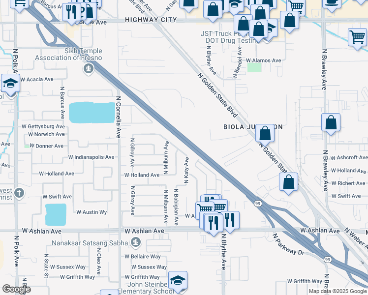 map of restaurants, bars, coffee shops, grocery stores, and more near 5606 North Gates Avenue in Fresno