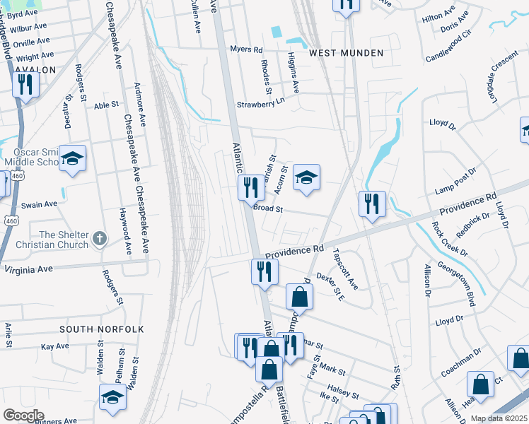 map of restaurants, bars, coffee shops, grocery stores, and more near 2310 Broad Street in Chesapeake