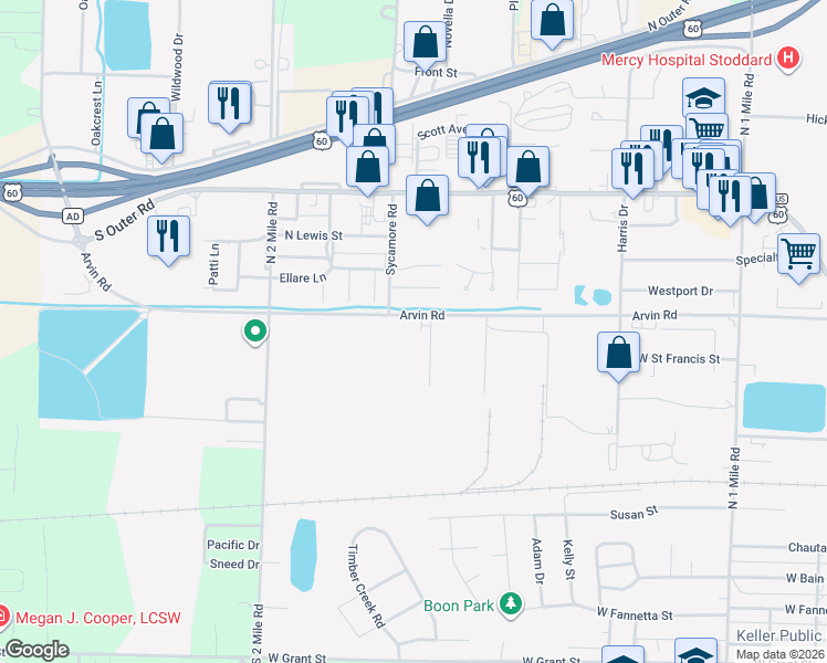 map of restaurants, bars, coffee shops, grocery stores, and more near 1407 Arvin Road in Dexter