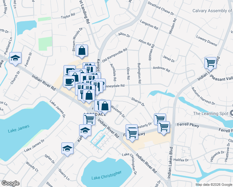 map of restaurants, bars, coffee shops, grocery stores, and more near 1308 Acredale Road in Virginia Beach