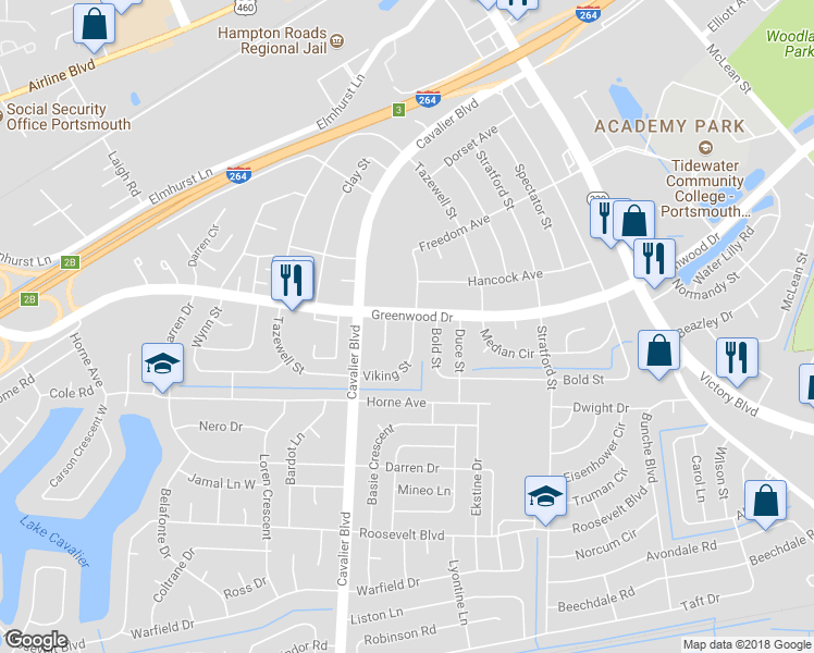 map of restaurants, bars, coffee shops, grocery stores, and more near 330 Viking Street in Portsmouth