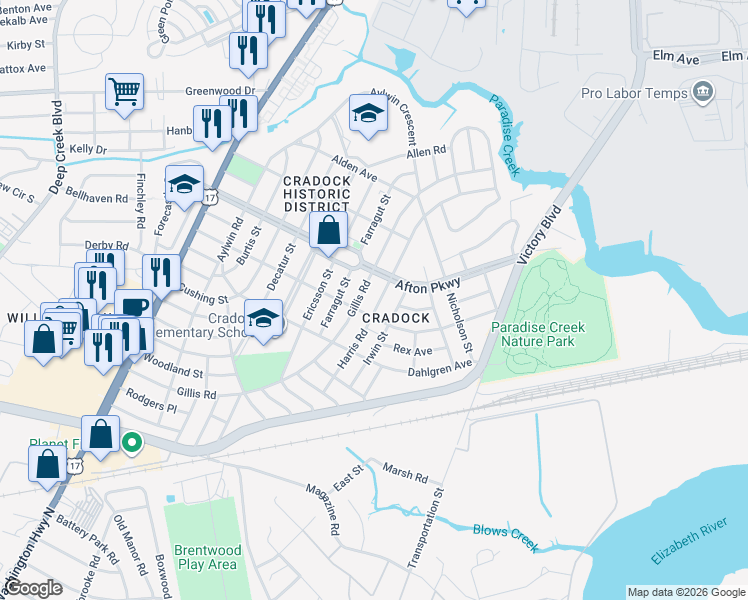 map of restaurants, bars, coffee shops, grocery stores, and more near 75 Harris Road in Portsmouth