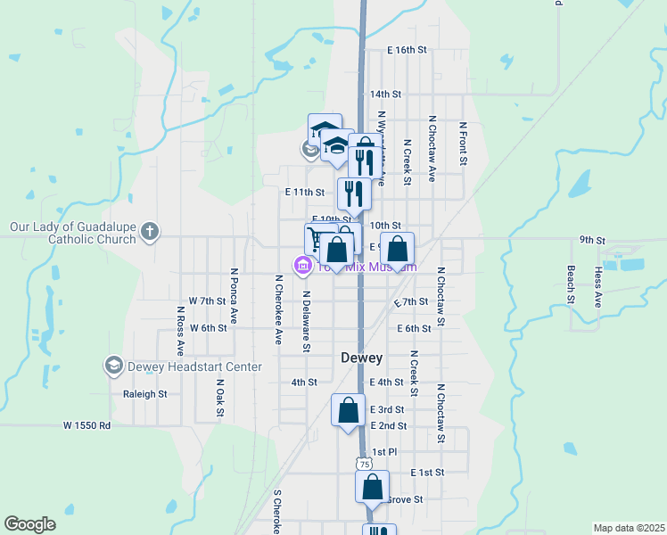 map of restaurants, bars, coffee shops, grocery stores, and more near 821 North Shawnee Avenue in Dewey