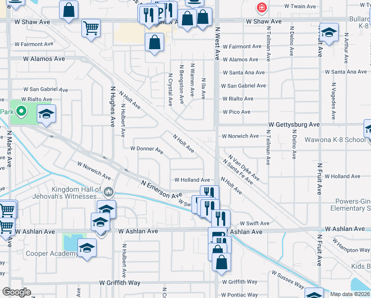 map of restaurants, bars, coffee shops, grocery stores, and more near 4531 North Holt Avenue in Fresno
