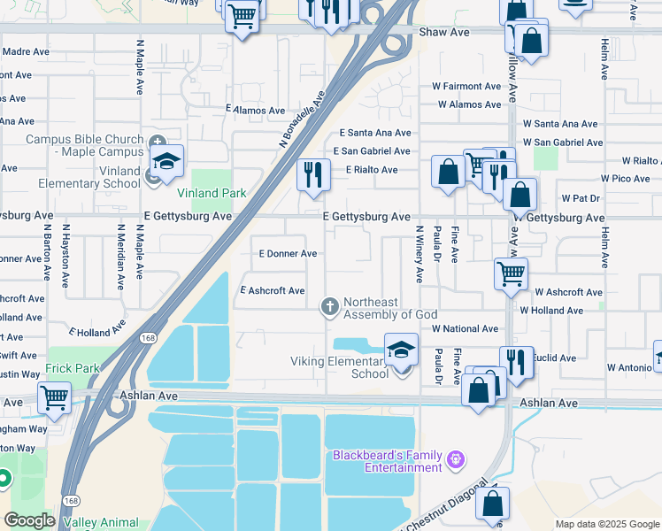 map of restaurants, bars, coffee shops, grocery stores, and more near 4807 East Indianapolis Avenue in Fresno