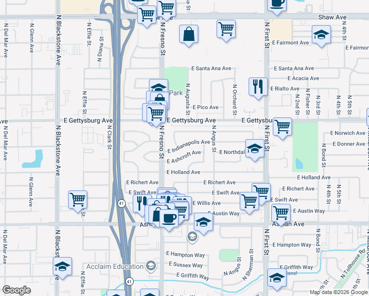 map of restaurants, bars, coffee shops, grocery stores, and more near 2626 East Indianapolis Avenue in Fresno