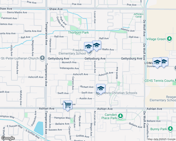 map of restaurants, bars, coffee shops, grocery stores, and more near 2930 Indianapolis Avenue in Clovis