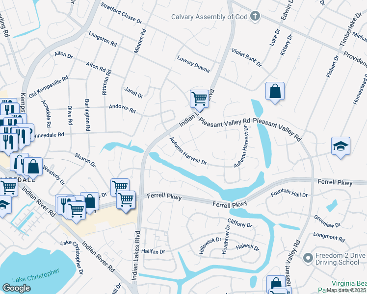 map of restaurants, bars, coffee shops, grocery stores, and more near 5013 Denny Drive in Virginia Beach
