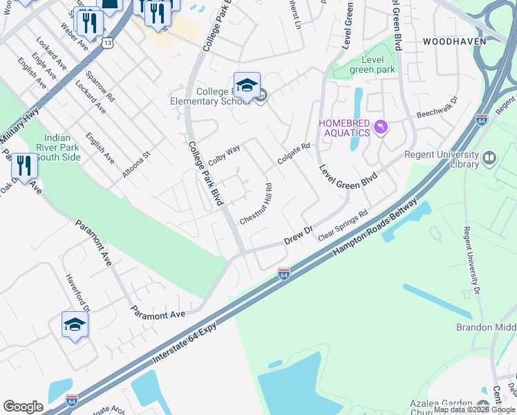 map of restaurants, bars, coffee shops, grocery stores, and more near 1351 Glyndon Drive in Virginia Beach