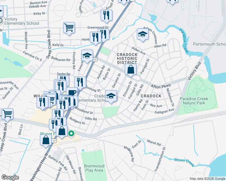 map of restaurants, bars, coffee shops, grocery stores, and more near 84 Decatur Street in Portsmouth