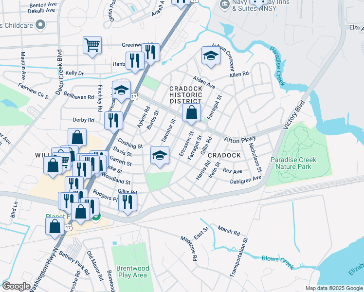 map of restaurants, bars, coffee shops, grocery stores, and more near 54 Prospect Parkway in Portsmouth