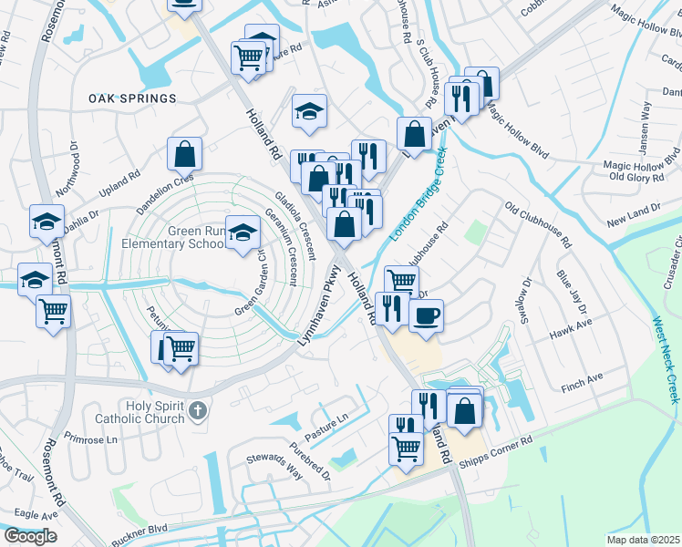 map of restaurants, bars, coffee shops, grocery stores, and more near 1200 Lynnhaven Parkway in Virginia Beach