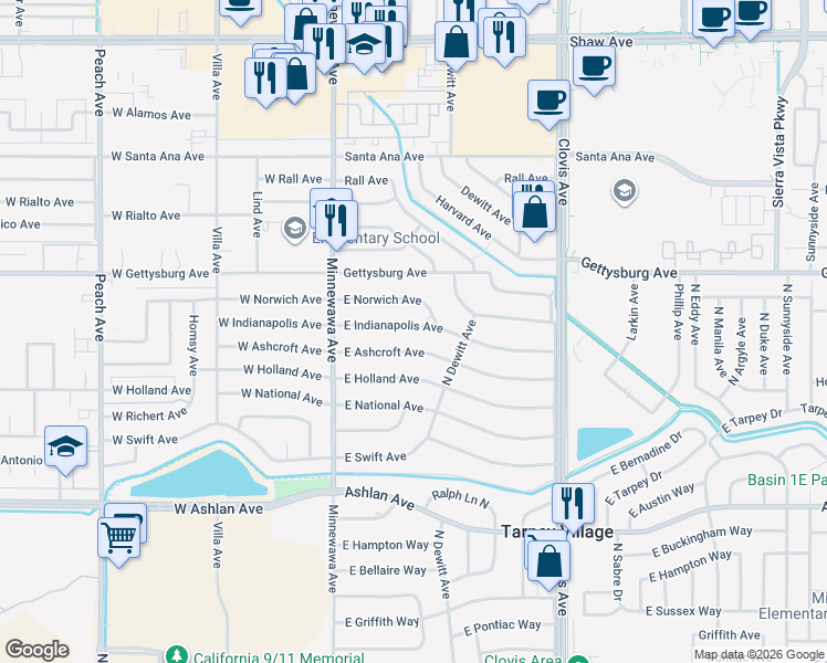 map of restaurants, bars, coffee shops, grocery stores, and more near 5468 East Indianapolis Avenue in Fresno