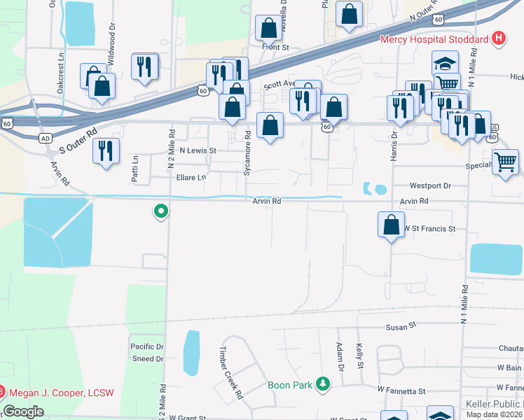 map of restaurants, bars, coffee shops, grocery stores, and more near 1407 Arvin Road in Dexter