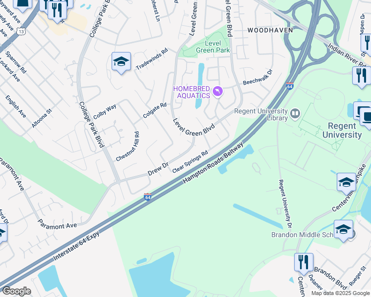 map of restaurants, bars, coffee shops, grocery stores, and more near 6282 Drew Drive in Virginia Beach