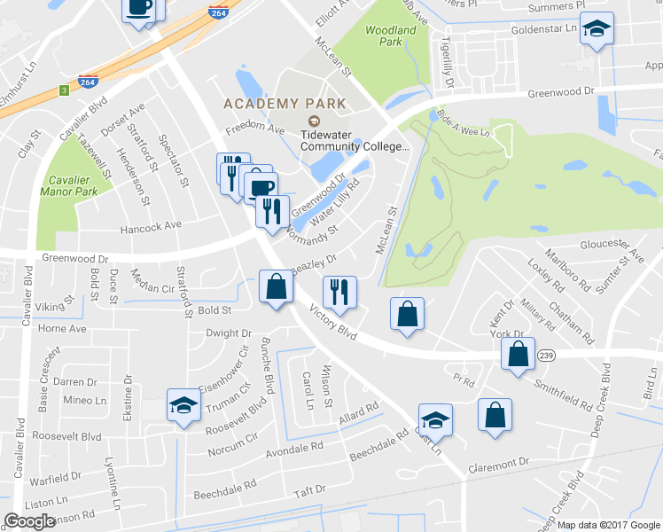 map of restaurants, bars, coffee shops, grocery stores, and more near 214 Beazley Drive in Portsmouth