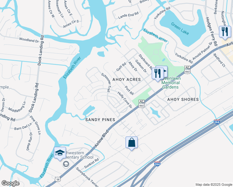 map of restaurants, bars, coffee shops, grocery stores, and more near 4029 Holly Cove Drive in Chesapeake