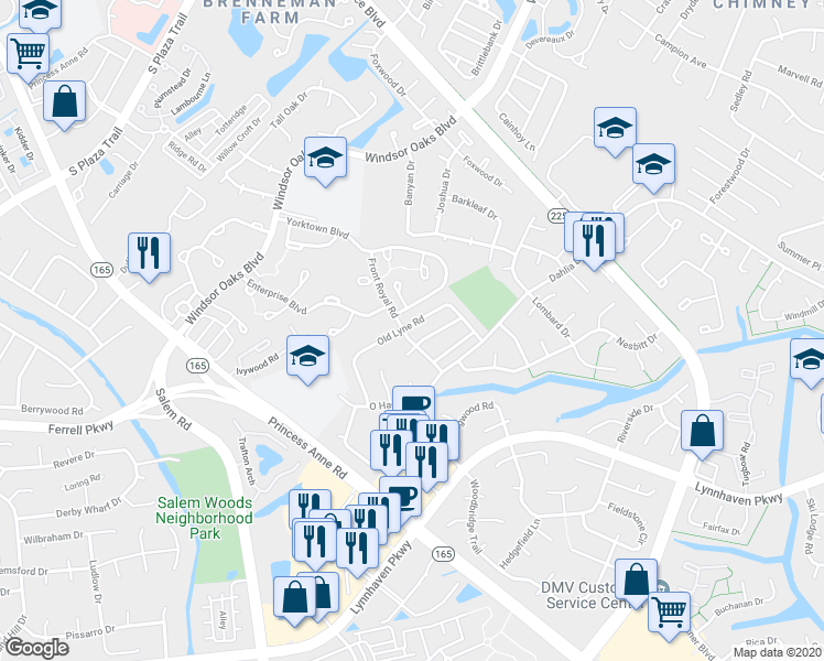 map of restaurants, bars, coffee shops, grocery stores, and more near 4151 Old Lyne Road in Virginia Beach