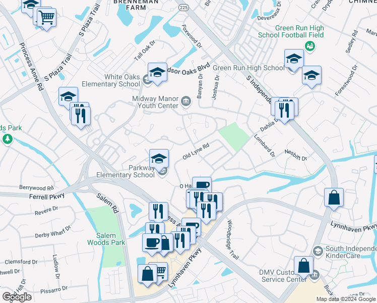 map of restaurants, bars, coffee shops, grocery stores, and more near 4206 Old Lyne Road in Virginia Beach