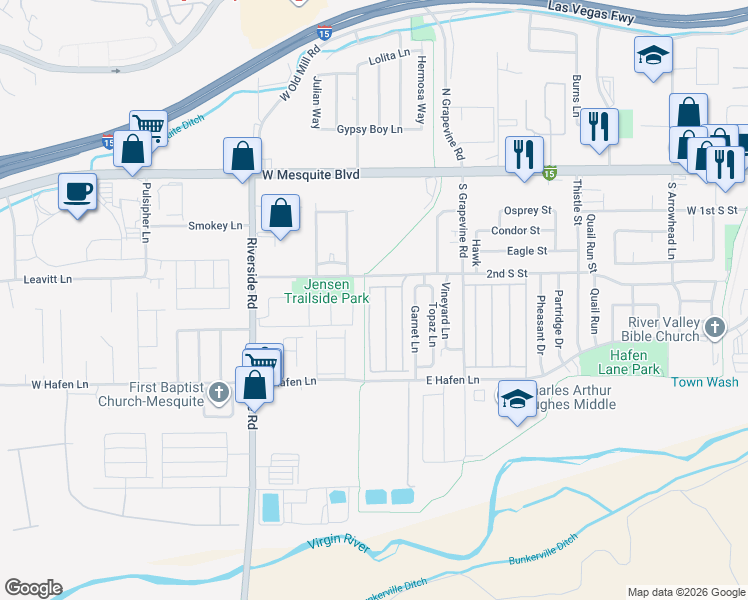 map of restaurants, bars, coffee shops, grocery stores, and more near 244 Hacienda Way in Mesquite
