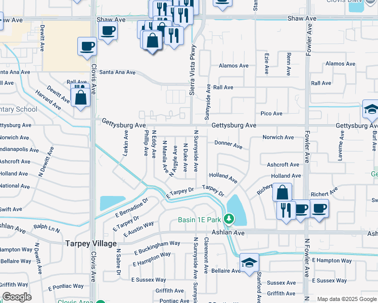 map of restaurants, bars, coffee shops, grocery stores, and more near 4504 North Duke Avenue in Fresno
