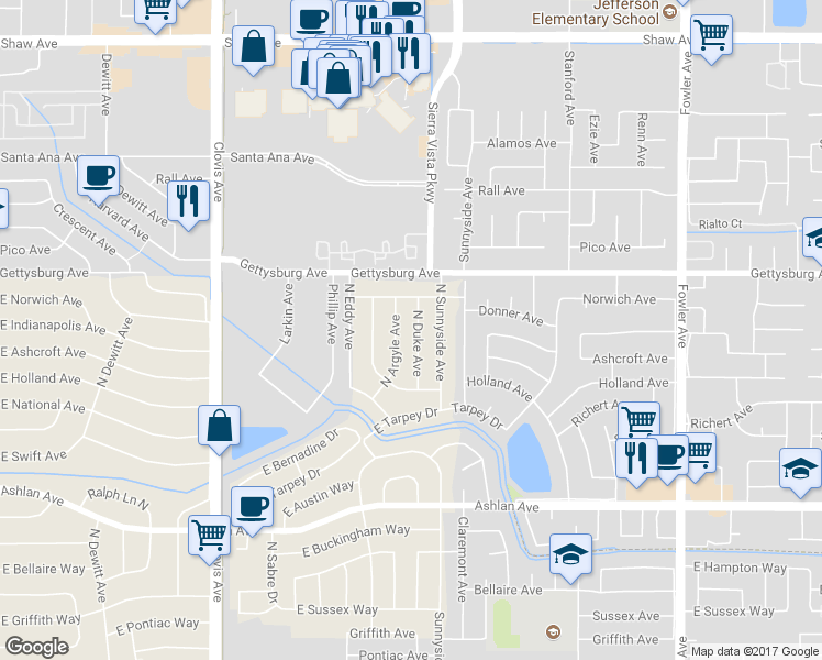 map of restaurants, bars, coffee shops, grocery stores, and more near 4501 North Duke Avenue in Fresno