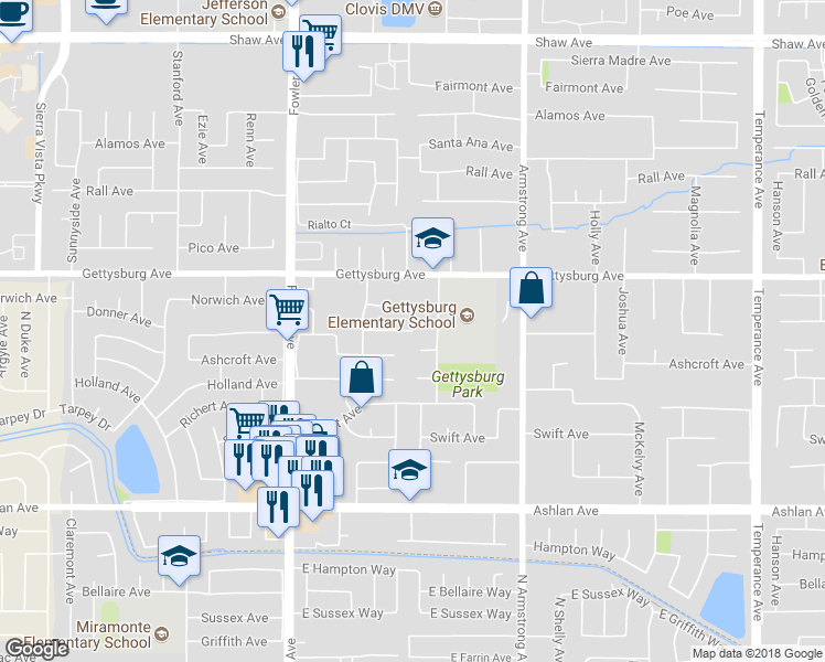 map of restaurants, bars, coffee shops, grocery stores, and more near 2237 Donner Avenue in Clovis