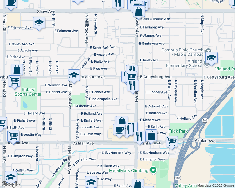 map of restaurants, bars, coffee shops, grocery stores, and more near 4495 North Sharon Avenue in Fresno