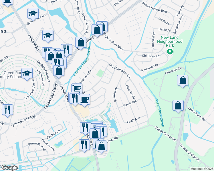 map of restaurants, bars, coffee shops, grocery stores, and more near 3201 Spruce Pine Road in Virginia Beach