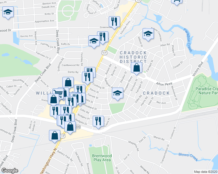 map of restaurants, bars, coffee shops, grocery stores, and more near 111 Cushing Street in Portsmouth
