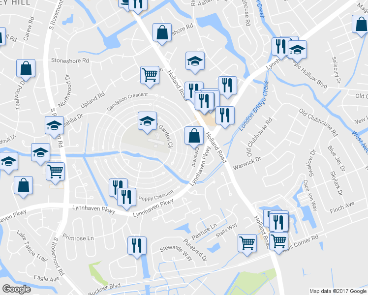 map of restaurants, bars, coffee shops, grocery stores, and more near 1217 Ginger Crescent in Virginia Beach