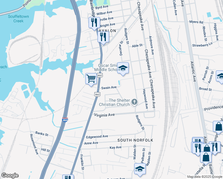 map of restaurants, bars, coffee shops, grocery stores, and more near 908 Swain Avenue in Chesapeake
