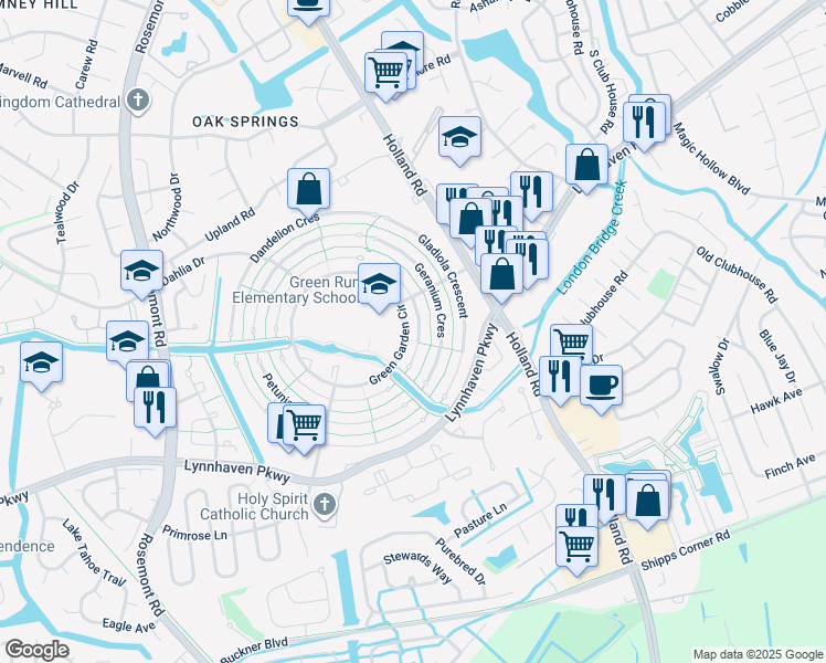 map of restaurants, bars, coffee shops, grocery stores, and more near 1217 Ginger Crescent in Virginia Beach