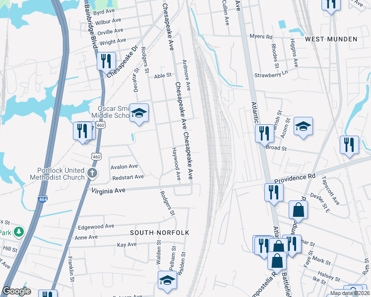 map of restaurants, bars, coffee shops, grocery stores, and more near 1314 Dena Street in Chesapeake