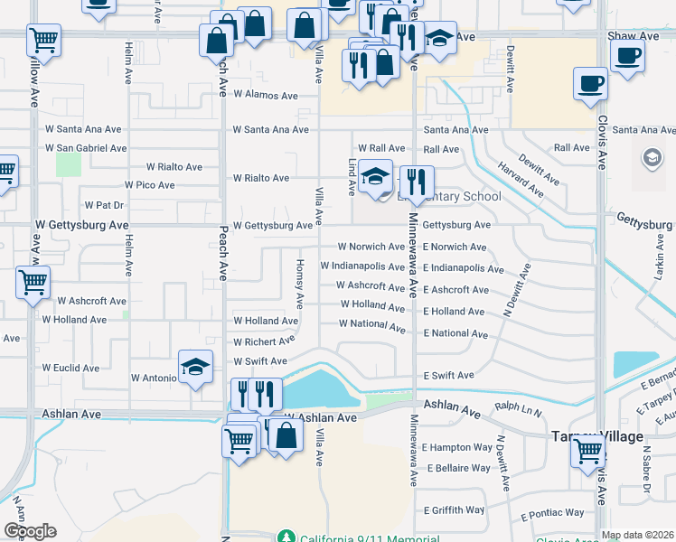 map of restaurants, bars, coffee shops, grocery stores, and more near 198 West Indianapolis Avenue in Clovis