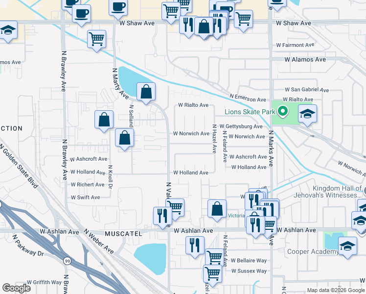 map of restaurants, bars, coffee shops, grocery stores, and more near 3317 West Indianapolis Avenue in Fresno