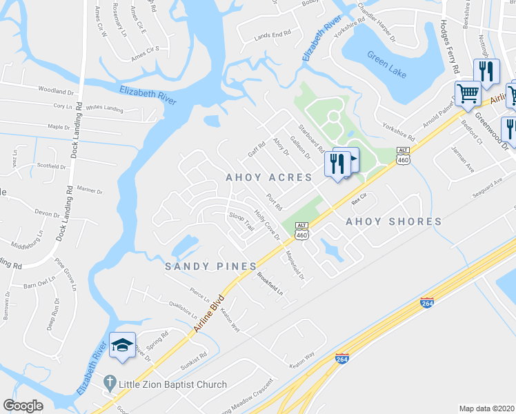 map of restaurants, bars, coffee shops, grocery stores, and more near 4016 Holly Cove Drive in Chesapeake