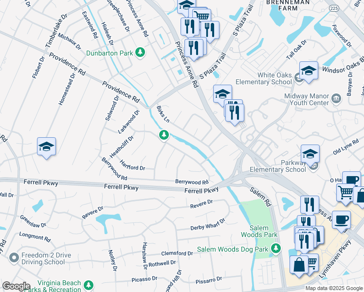 map of restaurants, bars, coffee shops, grocery stores, and more near 4656 Berrywood Road in Virginia Beach