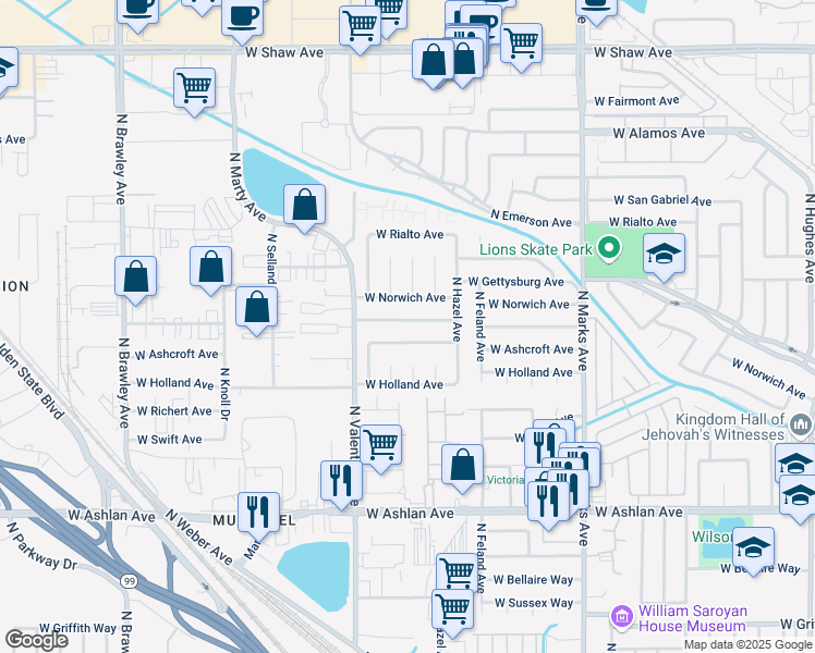 map of restaurants, bars, coffee shops, grocery stores, and more near 3317 West Indianapolis Avenue in Fresno