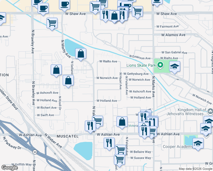 map of restaurants, bars, coffee shops, grocery stores, and more near 3317 West Indianapolis Avenue in Fresno
