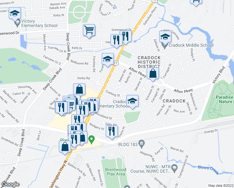 map of restaurants, bars, coffee shops, grocery stores, and more near 121 Cushing Street in Portsmouth