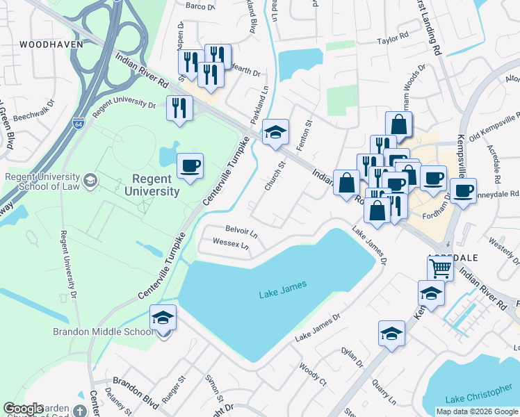 map of restaurants, bars, coffee shops, grocery stores, and more near 1314 Church Street in Virginia Beach