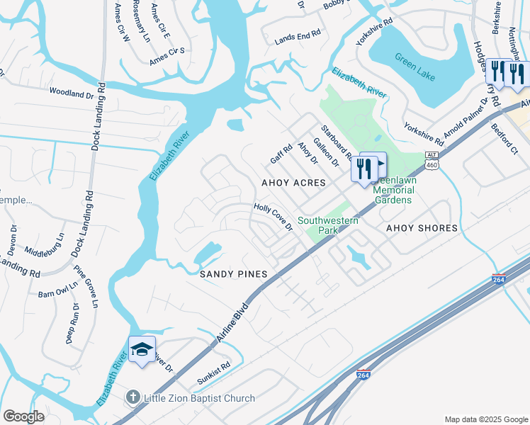 map of restaurants, bars, coffee shops, grocery stores, and more near 4041 Holly Cove Drive in Chesapeake