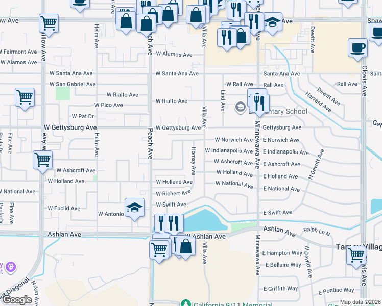 map of restaurants, bars, coffee shops, grocery stores, and more near 2896 Homsy Avenue in Clovis