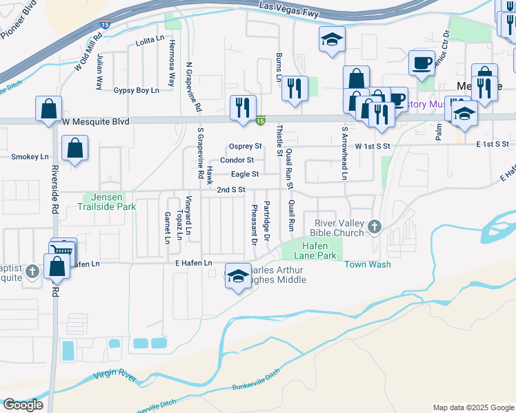 map of restaurants, bars, coffee shops, grocery stores, and more near 242 Pheasant Drive in Mesquite