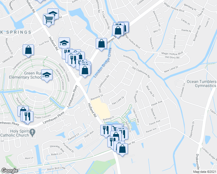 map of restaurants, bars, coffee shops, grocery stores, and more near 3210 Barlborough Way in Virginia Beach