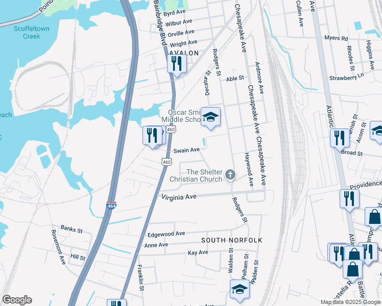 map of restaurants, bars, coffee shops, grocery stores, and more near 908 Swain Avenue in Chesapeake
