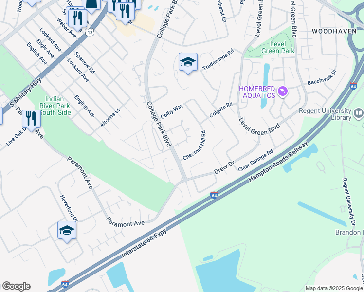 map of restaurants, bars, coffee shops, grocery stores, and more near 1365 Glyndon Drive in Virginia Beach
