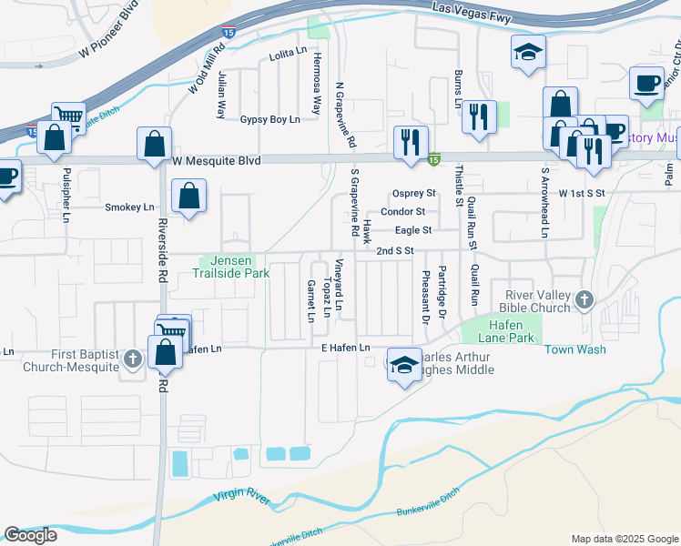map of restaurants, bars, coffee shops, grocery stores, and more near 227 Vineyard Lane in Mesquite