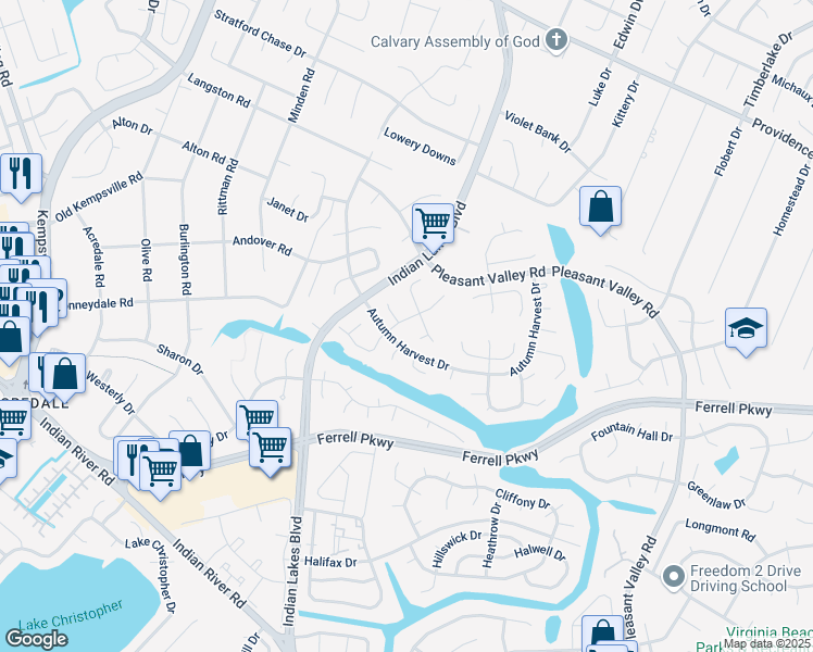 map of restaurants, bars, coffee shops, grocery stores, and more near 5013 Denny Drive in Virginia Beach